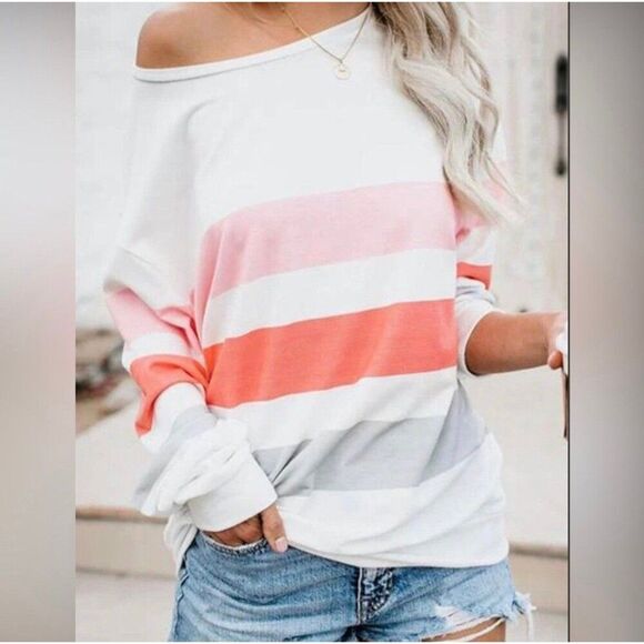 Tops - Dew Shoulder Stripe Long Sleeve Sweatshirt Women’s Large White NWOT Lightweight